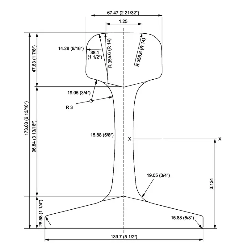 119RE Rail Drawing with Dimensions
