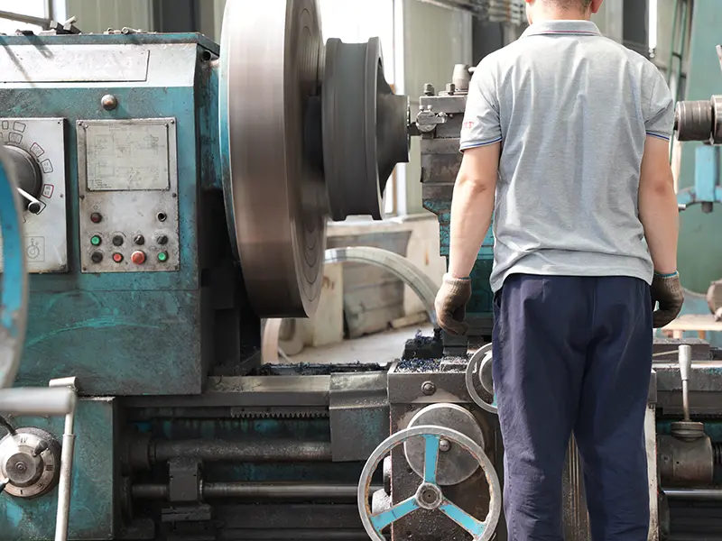 heavy duty crane wheel being machined on horizontal lathe