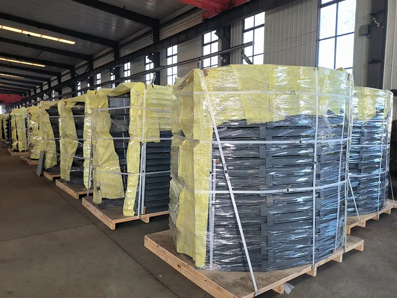 stacked and packed steel sleepers used in railway and crane rail projects